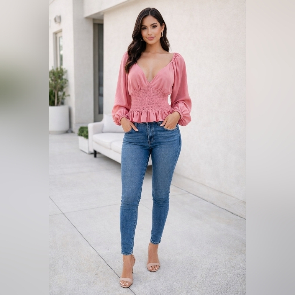WAYF pink Chiffron Peplum blouse smocked statement sleeve Coquette feminine M